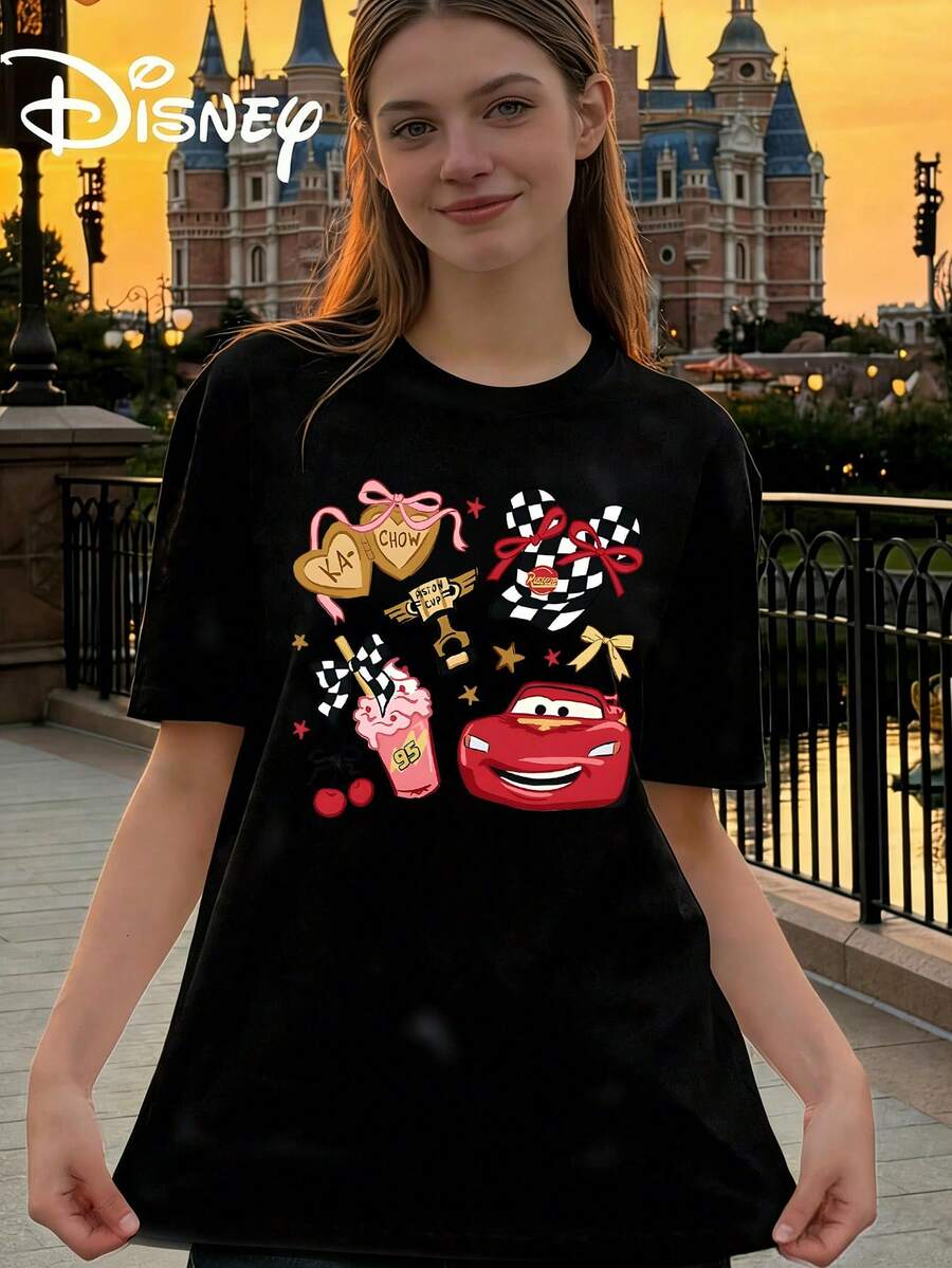 Women's Casual Disney Cars Graphic Cotton Round Neck Short Sleeve T-Shirt - màu đen - Xem 1