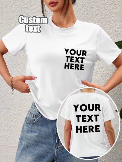 T-shirt personalizzata da donna - Personalizza i motivi anteriori e posteriori, aggiungi il tuo testo, scegli il carattere e il colore per creare una t-shirt personalizzata unica. Progetta una t-shirt stampata personalizzata, perfetta come regalo per la fidanzata, per appuntamenti di coppia, anniversari, compleanni, vacanze e altre occasioni. T-shirt personalizzata, top da donna, t-shirt con testo personalizzato, t-shirt a maniche corte da donna, blusa.