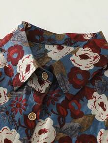 Women's Floral Print Short Sleeve Shirt, Suitable For Vacation And Daily Wear Summer - Blue Background With White Flowers - View 5
