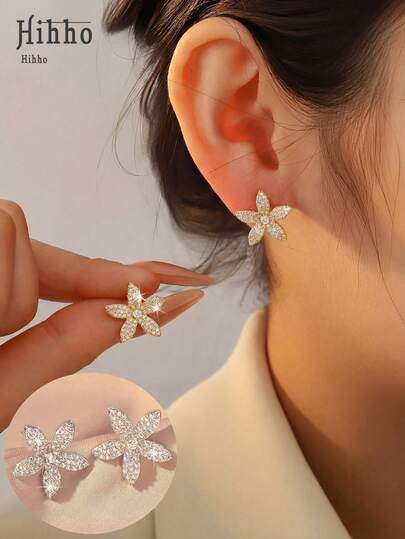 Hihho 1 Pair Luxury Sparkling Zirconia Flower Stud Earrings, Delicate Elegant Romantic Fashion Earrings For Women, Suitable For Daily, Festivals, Work Commute, Can Be Matched With Dresses