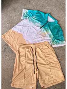 Men's Digital Print Casual Suit Set, Cooling & Fashionable For Summer - Khaki - View 3