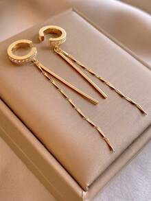 1 Pasang Anting Jepit Panjang dengan Rumbai, Aksesori Perhiasan Elegan untuk Wanita & Pelajar, Cocok untuk Semua Musim, Hadiah - Yellow Gold - View 3