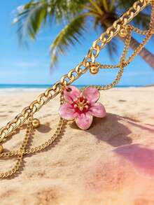 1件装 女士时尚度假风手工扎染渐变流苏珐琅五瓣花吊坠脚链 - 粉色 - 查看 3