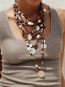 1pc European And American Luxury High-End Geometric Sequin Waterfall Pendant Multi-Layer Braided Rope Necklace, Women's Casual Versatile Accessory - Layered Necklace - View 1