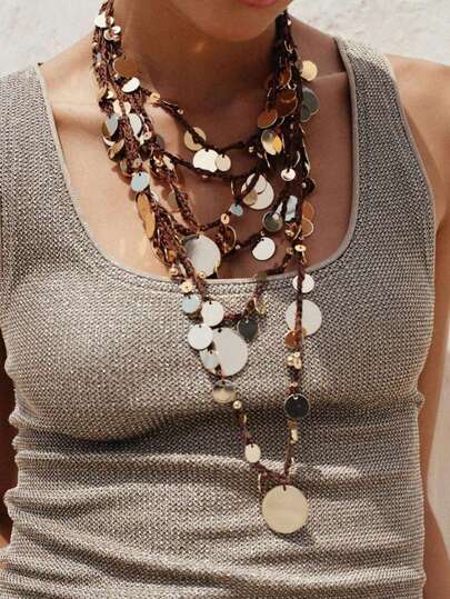 1pc European And American Luxury High-End Geometric Sequin Waterfall Pendant Multi-Layer Braided Rope Necklace, Women's Casual Versatile Accessory