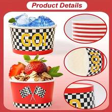10 Stücke/20 Stücke/60 Stücke, Rennthemen Papier Schüsseln, rot-weiß karierte Pappteller, Rennthemen Eiscreme Becher - karierte Flagge & "LOS!" Dessert Schüsseln, Einweg Papier Snack Becher für Rennauto Geburtstags Party & Themen Geburtstagsfeier - Übersicht 10