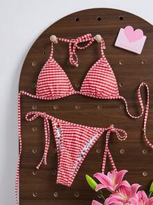 Conjunto de bikini reversible con estampado de cuadros y bloques de color floral lindo, estilo de vacaciones de playa de moda para niñas - Rojo y blanco - Ver 4