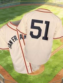 Men's San Francisco 51 Baseball Jersey, Cream Black Orange Athletic Short Sleeve Button Up Shirt For Game Day & Daily Wear - 米白 - 查看 2