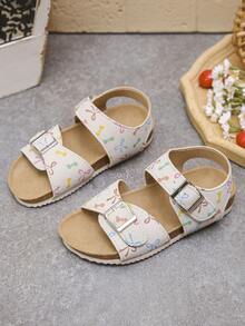 1 Pair Cute Kids Beige Sandals, Colorful Graffiti Print, Hook And Loop Strap, Lightweight Flat Casual Summer Sandals - Apricot - View 2
