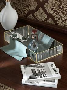 1 Exquisite Transparent Rectangular Glass Jewelry Tray, Nordic Light Luxury Style, Gold Metal Frame, HD Glass Mirror, Multifunctional Storage Box, Large Capacity Display Rack, Suitable For Placing Jewelry, Accessories, Decorations, Fragrances, Glasses, Makeup Brushes, Cosmetics, Lipstick, Perfume, Key Storage - View 7