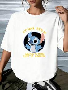 Disney Lilo & Stitch Playful Stitch Graphic Tee, Soft Cotton, Breathable, Unisex Casual Pullover T-Shirt For SummerMade From Soft, Comfortable, And Durable Pure Cotton, This Is An Ideal Choice For Spring And Summer. This Crew Neck T-Shirt Is Suitable For Various Occasions, Including Everyday Wear, Shopping, Parties, Travel, And Gatherings, And Also Makes A Thoughtful Gift. - White - View 1