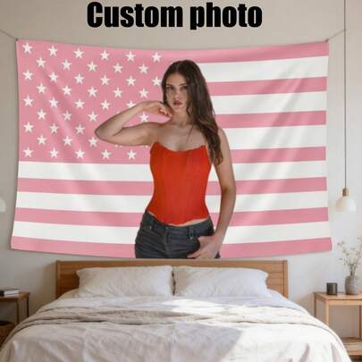 1 buc Tapiserie foto personalizată cu portret de steag american, pânză decorativă agățată din poliester cu steag american personalizat creativ, tapiserie cu imprimeu de cuplu de familie, prieten de familie, decor pentru living, dormitor, birou, decor pentru casă / decor pentru cameră / decor pentru petrecere, agățat de perete