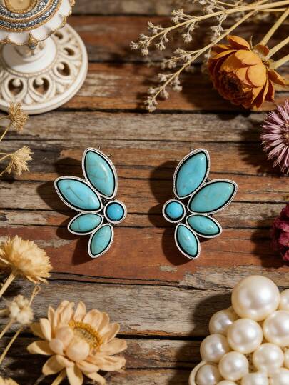 Women's Bohemian Turquoise Inlaid Flower Petal Earrings