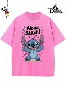 Disney-Licensed Men's Cotton T-Shirt For The 2026 Family Holiday. Featuring A Stitch Motif, Washed Crew Neck, Soft And Comfortable Feel, Easy Care And Suitable For Various Occasions Such As Holidays, Everyday Life And Commuting – Full Of Festive Spirit. - 玫紅色 - 查看 1