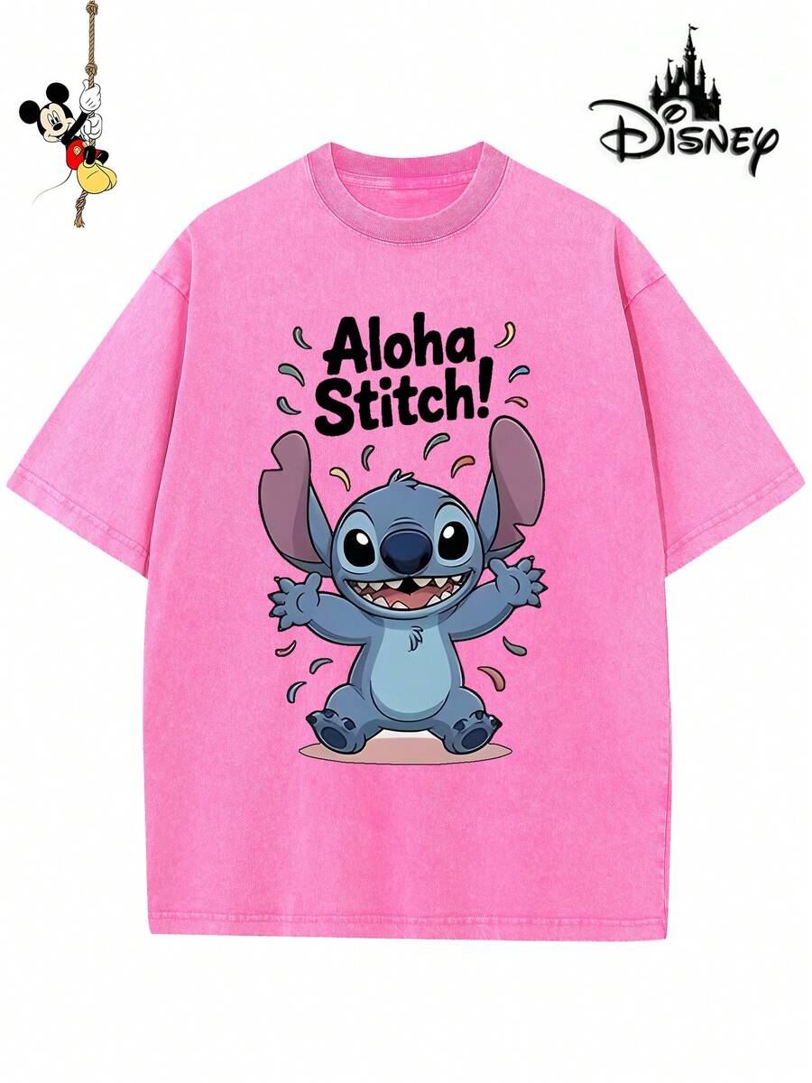 Disney-Licensed Men's Cotton T-Shirt For The 2026 Family Holiday. Featuring A Stitch Motif, Washed Crew Neck, Soft And Comfortable Feel, Easy Care And Suitable For Various Occasions Such As Holidays, Everyday Life And Commuting – Full Of Festive Spirit. - 玫紅色 - 查看 1