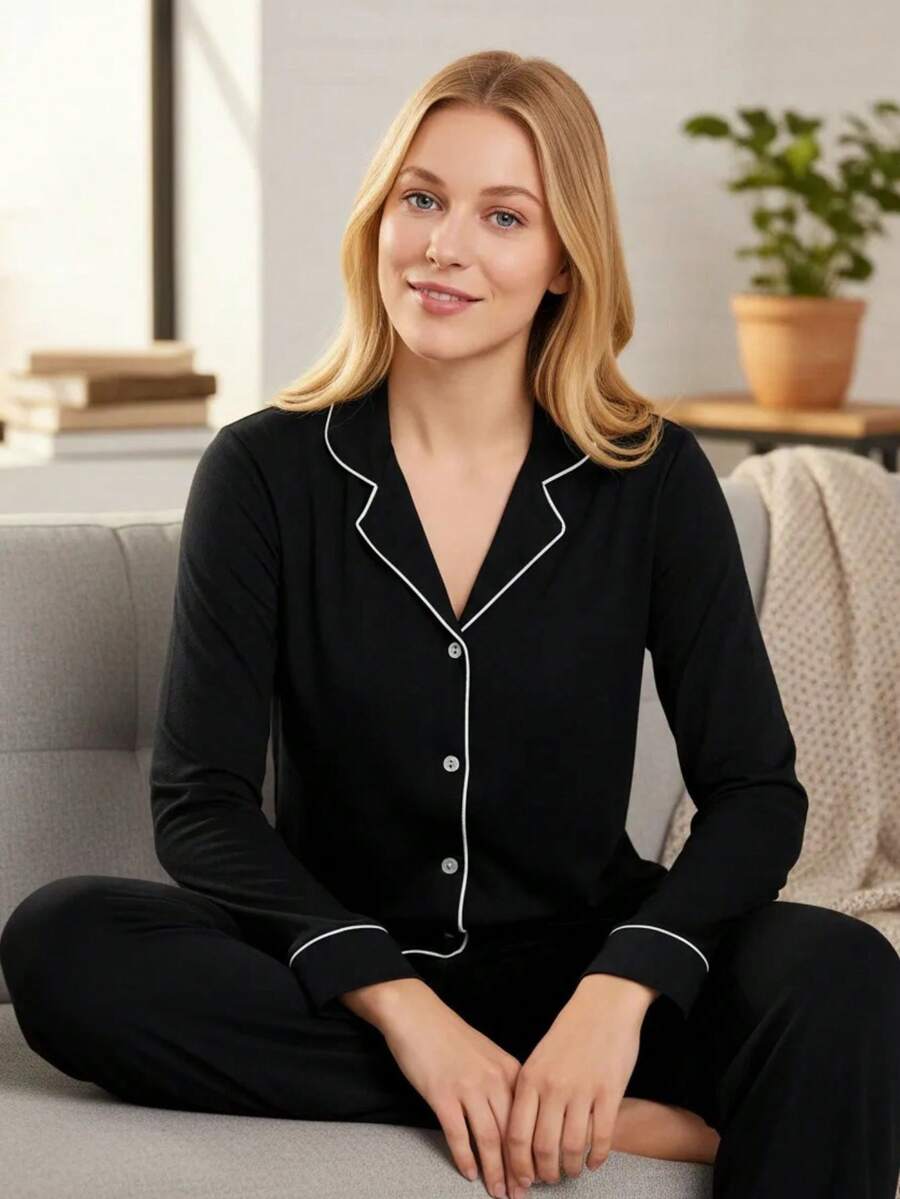 Winter Pajamas With American Collar And Buttons For Breastfeeding - 黑色 - 查看 1