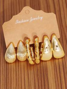 6-18pcs Women's Fashion Metal Textured Earring Set, European And American Retro Luxury, Including Hoop Earrings, Bamboo Joint Earrings, And Shell Texture Earrings, Suitable For Various Outfits - Multicolor - View 4