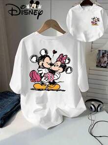 Disney Mickey And Minnie Romantic Kiss Cartoon Design Summer New Short-Sleeve T-Shirt For Women, Casual And Stylish Printed Tee - trắng - Xem 1