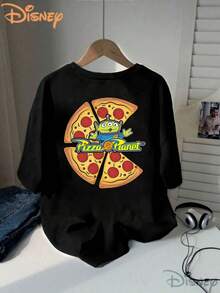 Disney Toy Story Three-Eyed Alien Pizza Planet Double-Sided Print, Disney Pizza-Themed Women'S T-Shirt, New Summer Top, Machine Washable, Made Of 100%, Perfect For Party Outfits - Black - View 2