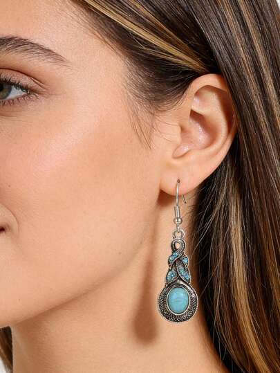 Turquoise Decor Drop Earrings, Bohemian Style Turquoise Inlaid Rhinestone Water Drop Earrings, Vintage Alloy Silver Color Decorative Gift