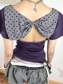 Y2K Fairy-Grunge Crop Top - A Summer Streetwear Essential. Featuring A Punk-Inspired Open-Back Design With A Bow Accent, This Cute Baby Tee Silhouette Boasts A Polka-Dot Pattern And Short Sleeves. Its Slim, Figure-Flattering Fit Makes It The Perfect Choice For Girls With An Emo Aesthetic. - 紫色 - 查看 2