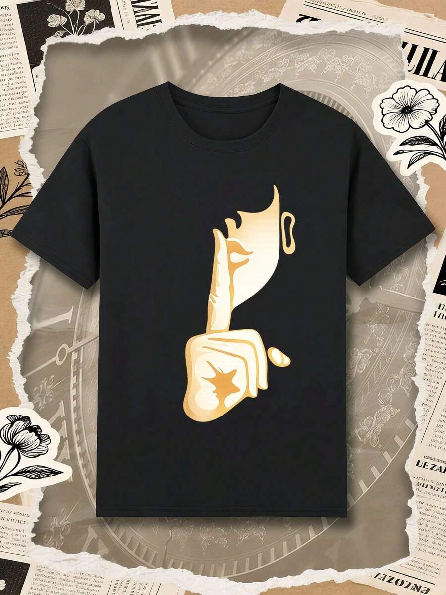 Black T-shirt with silent hand gesture high quality spring fabric comfortable fit casual and breathable - Preto - Ver 1