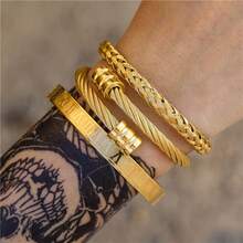 3pcs Set Unique European & American Style Braided Wire Bracelet With Personalized Roman Numeral Stainless Steel Bracelet, Unisex - Gold - View 2