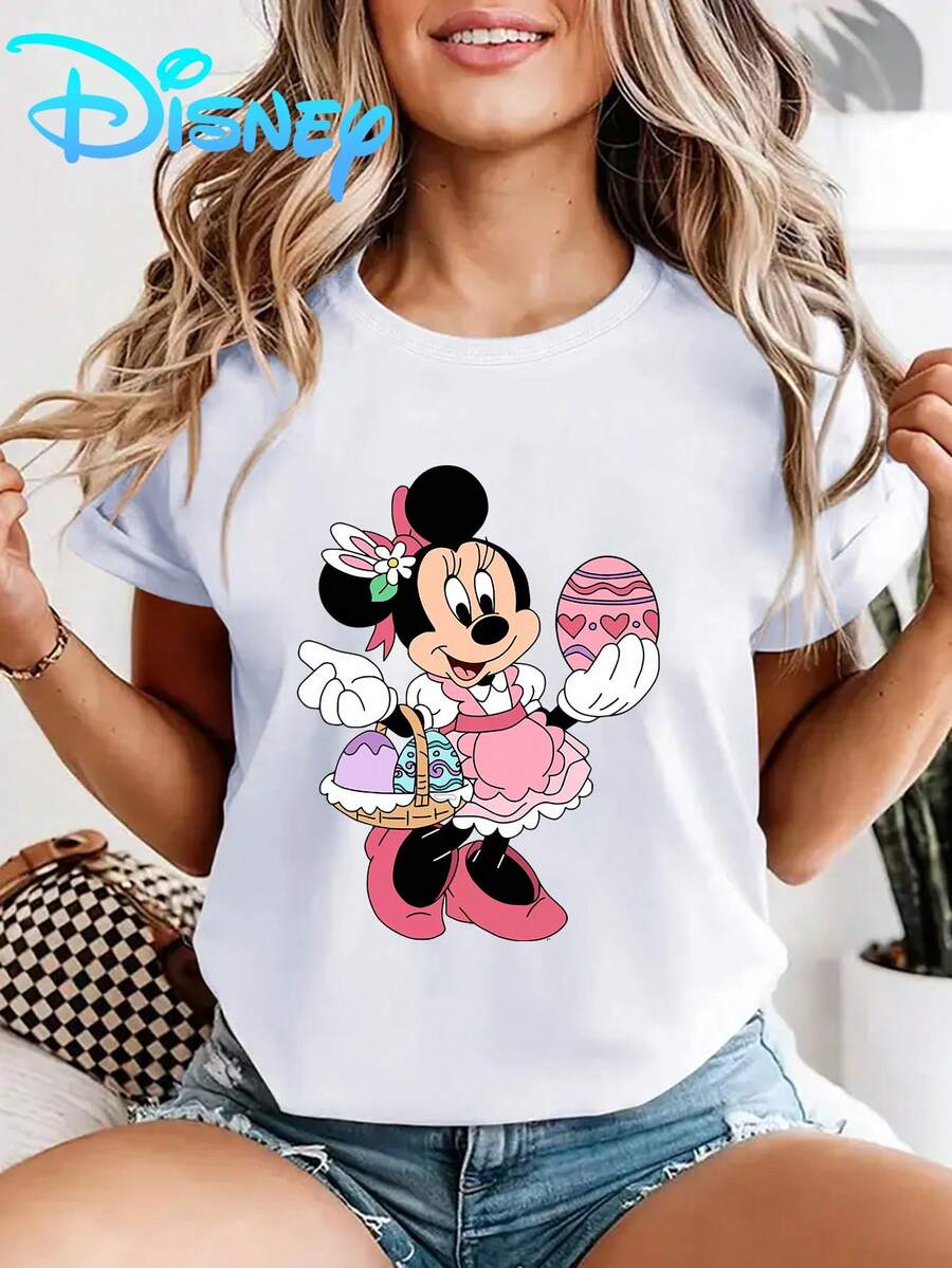 Disney Minnie Mouse Cartoon Print T-Shirt - White Casual Crew Neck Short-Sleeved T-Shirt With Easter Egg Design, Regular Length, Suitable For Holiday Celebrations, Festive Attire, Fun Design, Comfortable Fit.Made From Soft, Comfortable, And Durable Pure Cotton, This Is An Ideal Choice For Spring And Summer. This Crew Neck T-Shirt Is Suitable For Various Occasions, Including Everyday Wear, Shopping, Parties, Travel, And Gatherings, And Also Makes A Thoughtful Gift. - 白色 - 查看 1