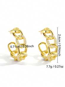 Women's Gold-Plated C-Shaped Earrings, Featuring Thick Chain And Fully Paved Cubic Zirconia Stones, Minimalist Elegant Design, Suitable For Daily Commute And Workwear, An Ideal Gift For Fashion Enthusiasts - Gold - View 5