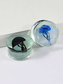 1PC Jellyfish Glass Double Flared Ear Plugs Ear Tunnel Gauge Transparent Glass WIth Black Jellyfish Ear Expander Weight Body Piercing Jewelryng Jewelry - As Shown - View 8