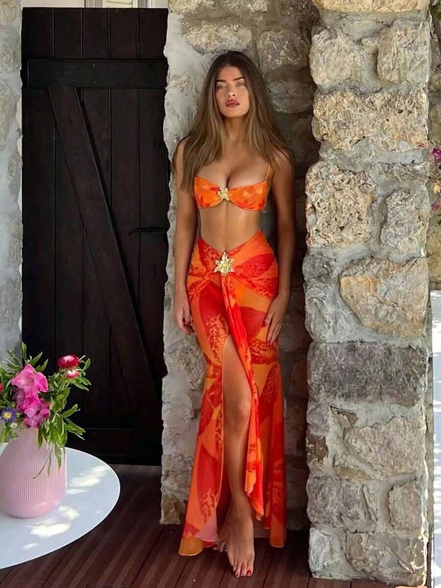 New Arrival Spring/Summer Women's Fashion Elegant Casual Beach Vacation Date Party Floral Print Spaghetti Strap Bikini Set Set And Mini Skirt - 彩色 - 查看 1