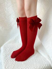 1 Pair Girls Spring New Big Bow Velvet Mid-Calf Socks, Spanish Style Princess Knee High Socks - Multicolor - View 8