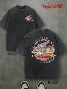 Disney Cartoon Spaceship Pattern T-Shirt Summer Clothing  Vintage Washed 230g T-Shirt - 黑色 - 查看 1