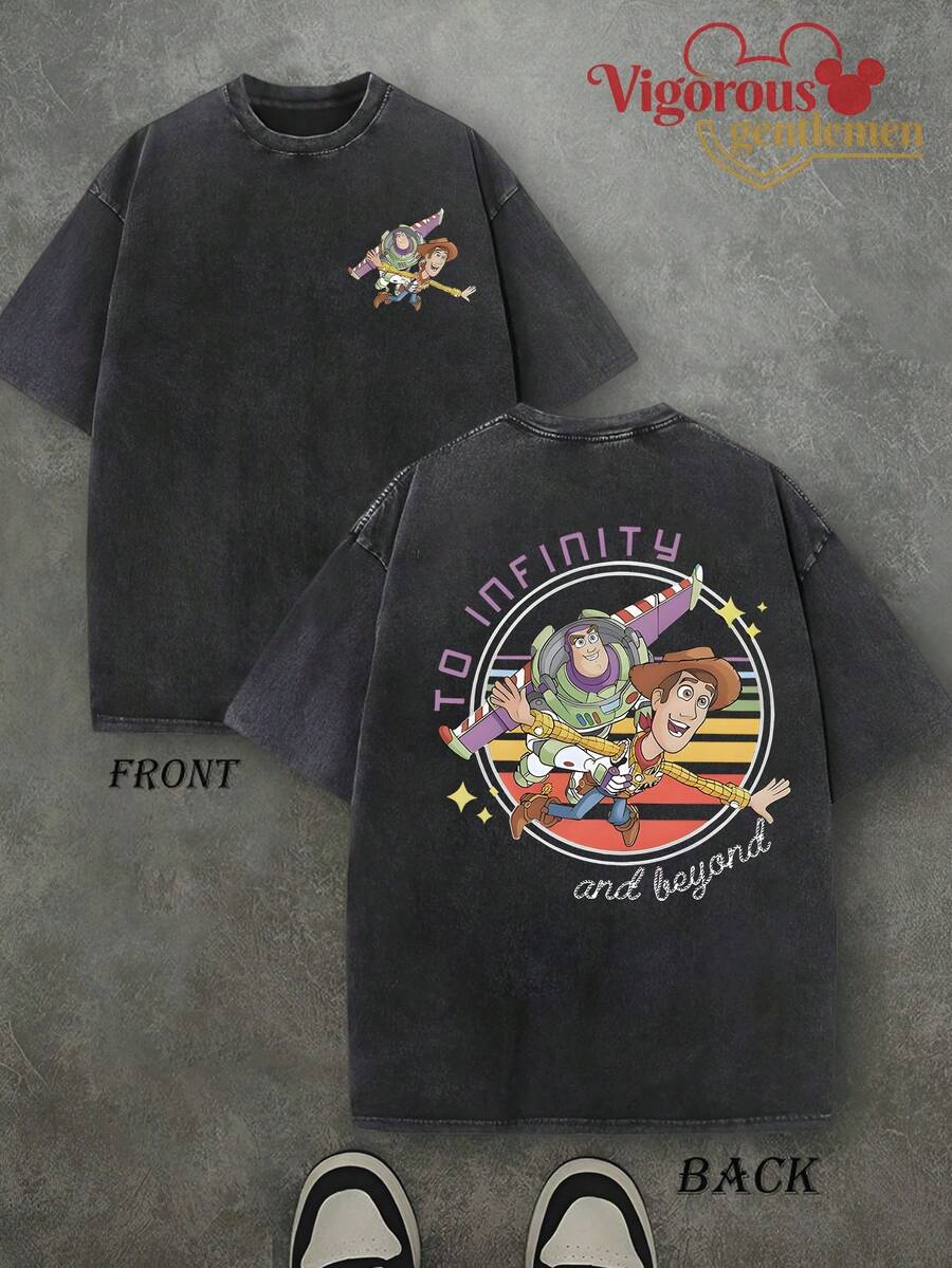 Disney Cartoon Spaceship Pattern T-Shirt Summer Clothing Vintage Washed 230g T-Shirt - 黑色 - 查看 1
