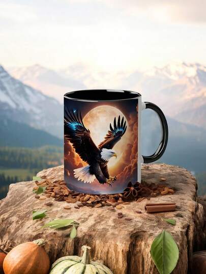 1 szt. ceramiczny kubek Majestic Eagle o pojemności 11 uncji, kubek na wodę dla mężczyzn i chłopców, z dwoma orłami bielikami w locie pod zachodzącym słońcem i księżycem. Idealny do gorącej i zimnej herbaty, kawy i mleka. Wyrazisty i artystyczny prezent do biura, domu, na urodziny i święta.