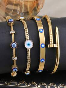 Bộ 4 vòng tay hình mắt quỷ/1 chiếc có thể xếp chồng lên nhau dành cho nữ | Vòng tay hình mắt quỷ mạ vàng 18K tinh tế | Quà tặng trang sức cho phái nữ - Vàng - Xem 7