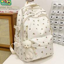 Mochila Escolar Blanca Kawaii con Estampado Rosas y Peluche Oso para Mujer | Tela Duradera, Cremallera Bidireccional, Asidero Ancho, Reforzamiento Triangular, Bolsillos Organizados y Cinturón de Sujeción para Maletas | Ideal para Colegio, Viajes y Usos Cotidianos - Rosas - Ver 1