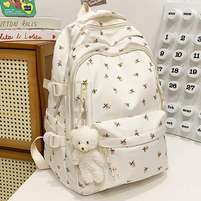 Mochila Escolar Blanca Kawaii con Estampado Rosas y Peluche Oso para Mujer | Tela Duradera, Cremallera Bidireccional, Asidero Ancho, Reforzamiento Triangular, Bolsillos Organizados y Cinturón de Sujeción para Maletas | Ideal para Colegio, Viajes y Usos Cotidianos