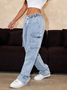 Elastic Waist Drawstring Cargo Denim Pants Casual Spring - Light Wash - View 6