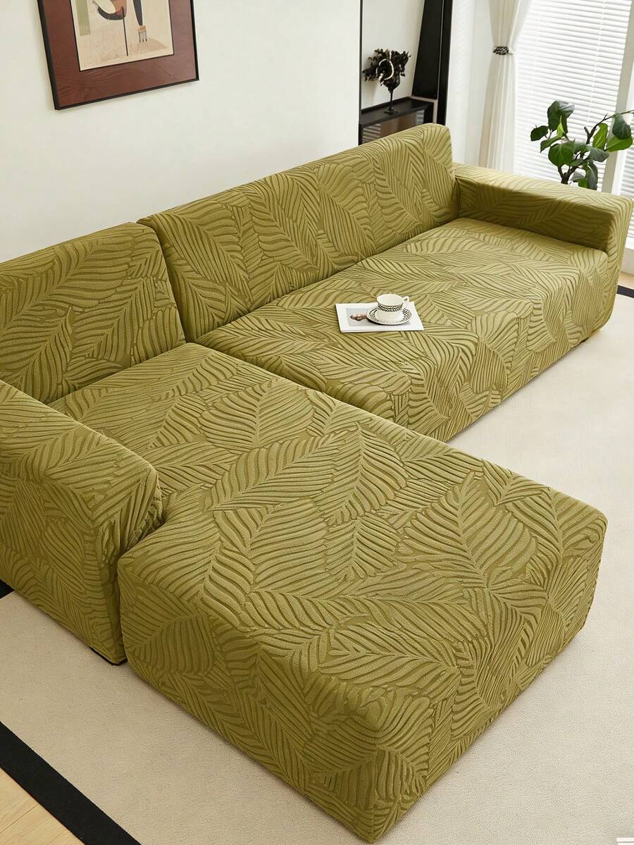 1pc Plush Olive Green Leaf Pattern Stretch Sofa Cover (Pillow Cover Not Included), Nordic Modern Style Polyester Dust-Proof Anti-Slip Thickened Sofa Slipcover, Fits 1/2/3/4 Seater Sofa Decor - Olive Green - View 1