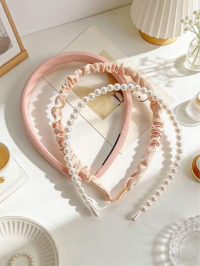 3pcs/Set Cute Pink Pearl Pleated Headbands For Women, Minimalist Fashionable Elegant Polyester Sponge Pleated Pearl Headband Set, Versatile For Daily, Commute, Festivals, Weddings, Gifts