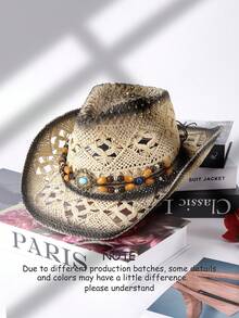 1顶男女通用宝石装饰西部牛仔帽，镂空印花草帽，春夏旅行防晒沙滩帽，休闲遮阳帽（收到产品后，如果帽檐变形，需要手动调整恢复原状） - C - 查看 32