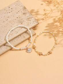 2pcs Fashion Versatile Faux Pearl Beaded Shell Starfish Bead Double-Layer Anklet Set, Suitable For Teenagers Daily Casual Jewelry, Beach Wear - Multicolor - View 2