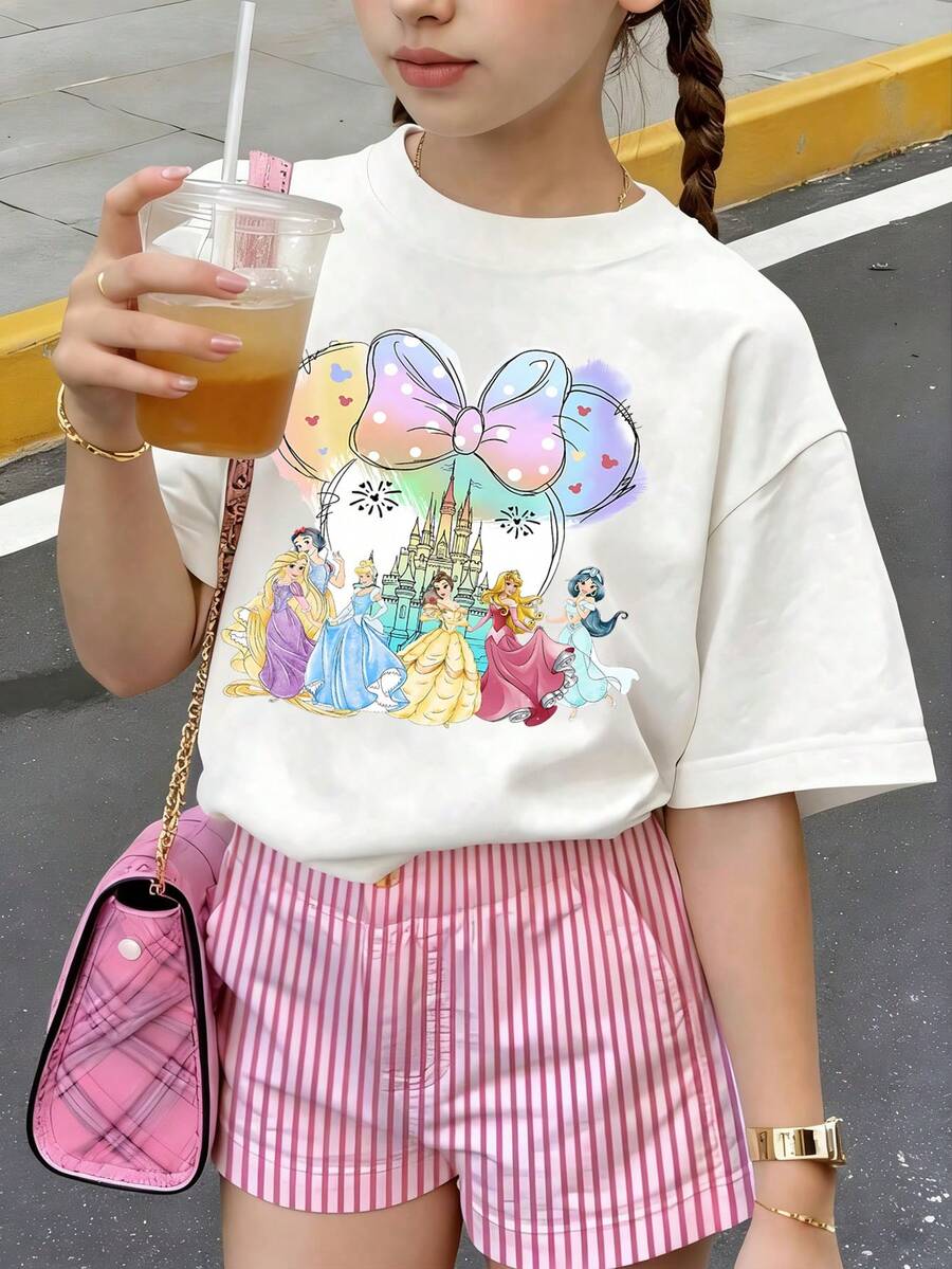 Disney Dios está con ella, no caerá. Ideal para regalar a niños que aman y creen en Dios. Camiseta estampada de algodón, cómoda y holgada, de manga corta. - Blanco - Ver 1