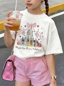 Summer Tops, Princess Disneyland Print Graphic Tee, Perfect For Cute Girls. Teen Girl Gift,Comfortable And Breathable Children's Short-Sleeved T-Shirt. 180g Pure Cotton Children's Clothes,Suitable For Both Boys And Girls.Suitable For Daily Wear, Vacations, Outdoor Activities, And As A Children's Gift. - 白色 - 查看 1
