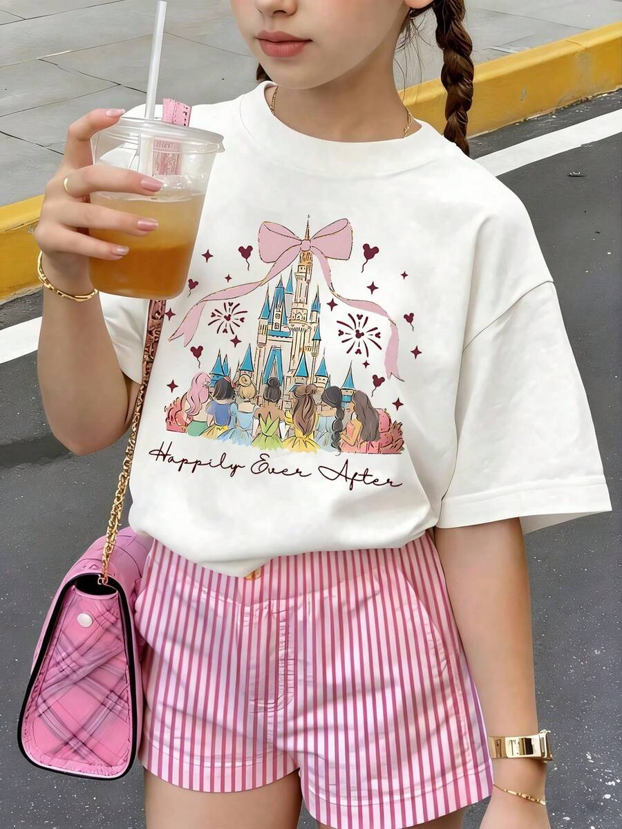 Summer Tops, Princess Disneyland Print Graphic Tee, Perfect For Cute Girls. Teen Girl Gift,Comfortable And Breathable Children's Short-Sleeved T-Shirt. 180g Pure Cotton Children's Clothes,Suitable For Both Boys And Girls.Suitable For Daily Wear, Vacations, Outdoor Activities, And As A Children's Gift. - 白色 - 查看 1