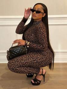 New Summer Women's Fashion Sexy Leopard Print High-Waisted Slim-Fit Bodycon Long-Sleeve Jumpsuit - Màu Khaki - Xem 3