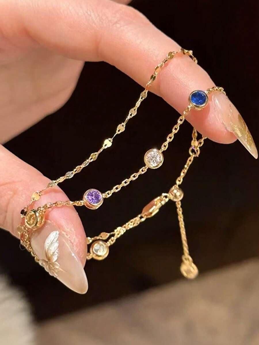 1件时尚简约几何宝石手链，铜镶钻双层金链手链，适合女性日常、派对、节日佩戴，也是日常礼物和珠宝礼品。 - 金色 - 查看 1