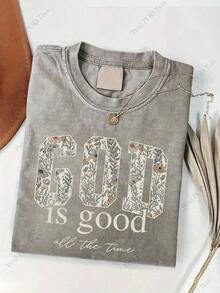 2026summer Tops2026Women's 230g Heavy Retro Christian T-Shirt - Distressed "God Is Good" And "Always Has Been" Bible Verse Print, Round Neck Short Sleeve Casual T-Shirt, Suitable For Church Activities, Casual Outfits, Holiday Gift (Machine Washable) - Faith Theme Clothing, Wax Print Retro Style, H-Cut, All-Season Wearable, Soft Breathable Fabric, No Padding, Pullover Design, Suitable For Spring And Summersummer Clothes - Dark Grey - View 6