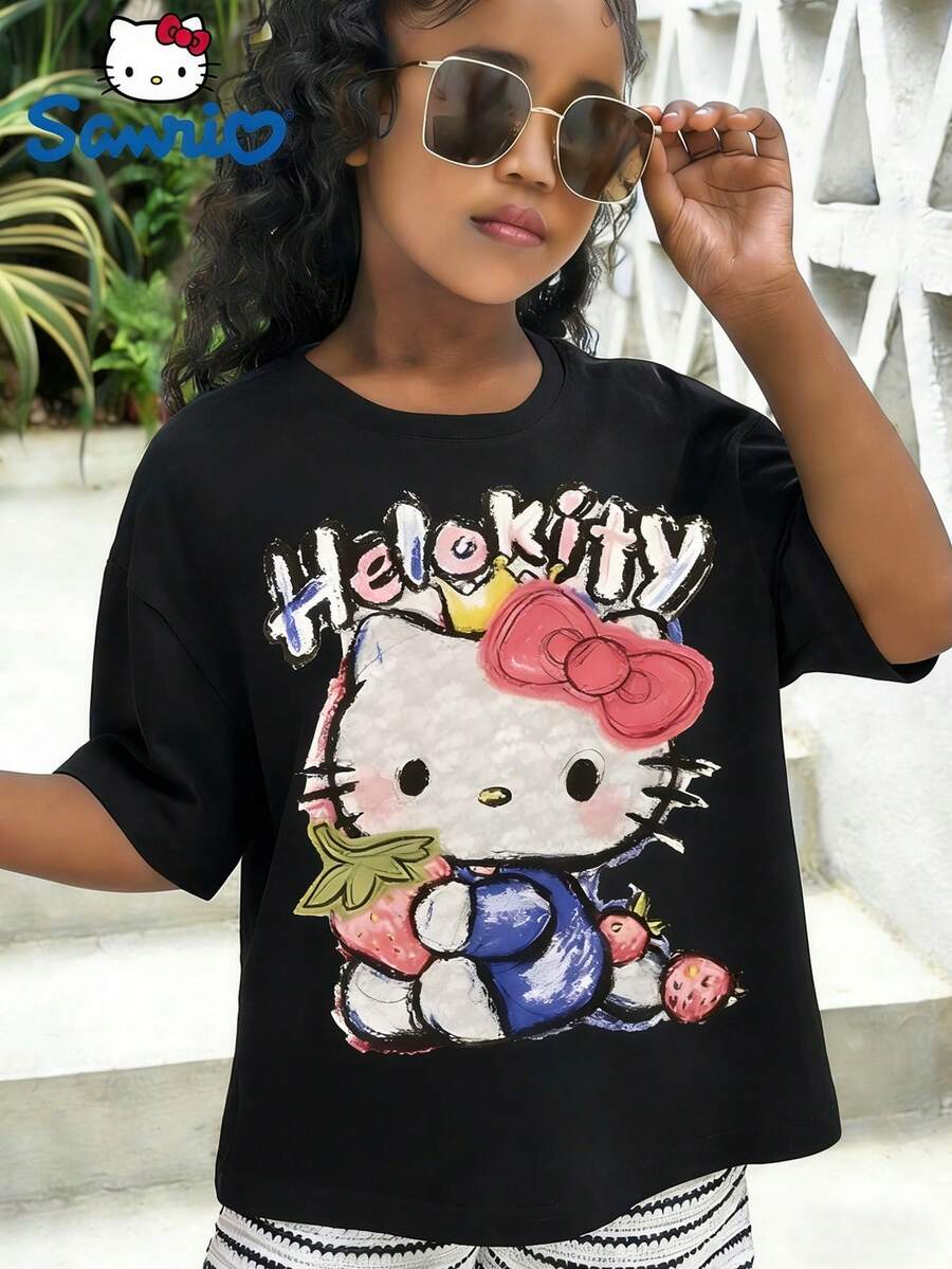 SANRIO Girls' Clothing Summer Children's Clothing Round Neck Short Sleeve - Oil Painting - Printed Pattern T-Shirt, Children's Girls' Clothing, Cute Top, 180g Polyester Soft Fabric, Suitable As A Gift For Children - màu đen - Xem 1